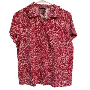IB Diffusion Button Down Blouse Red White Paisley Floral Short Sleeve PXL